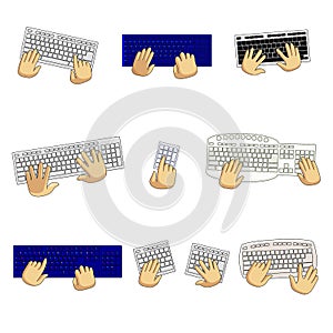 Set of keyboards of different types and user hands isolated on white background