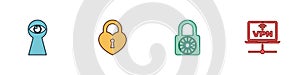 Set Keyhole with eye, Castle in the shape of heart, Safe combination lock wheel and VPN Computer network icon. Vector