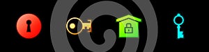 Set Keyhole, , House under protection and Old key icon. Vector