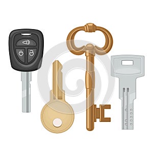Set keys icons. Classic, vintage, car, modern style. Flat illustration