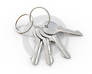 Set of keys on a keyring on white background