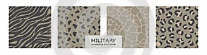 Set of khaki seamless patterns of military style. Abstract stripes and spots similar to the skin of animals