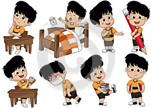 Set of kid activity,kid think,wake up,holding a big pencil,eat s photo