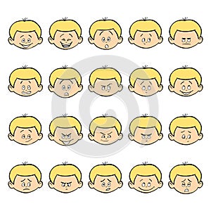 Set of kid facial emotions. Blond boy face with different expressions.