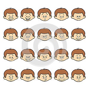 Set of kid facial emotions. Dark hair boy face with different expressions.