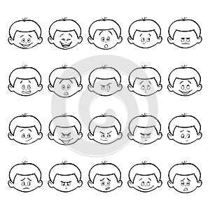 Set of kid facial emotions. Outline boy face with different expressions.