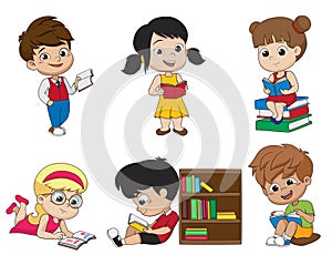 Set of kid reading a book.vector and illustration.