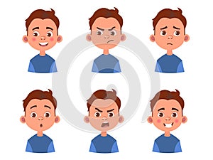 Set of kid`s emotions. Facial expression. Cartoon boy avatar. Vector illustration of cartoon child character