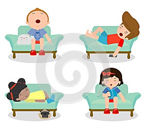 Set of kid sleeping on sofa at home on white background, children resting at home, Couch and child , Simple cartoon of kids taking photo