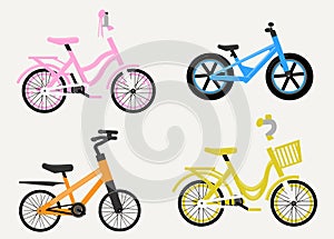 Set of kids bikes. Bicycles for children, for boys and for girls. Icons, vector, flat design photo