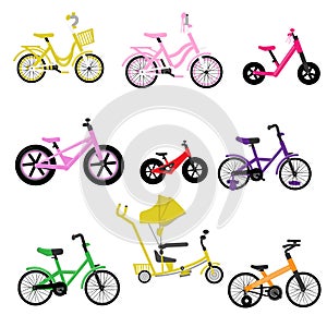 Set of kids bikes. Bicycles for children, for gils. Icons, vector, flat design