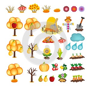 Set of kids cartoon autumn icons isolated on white background. Vector cliparts of yellow trees and bushes with fruits, haystack,