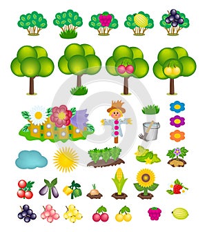 Set of kids cartoon summer icons isolated on white background. Vector symbols of green trees and bushes with berries, blooming