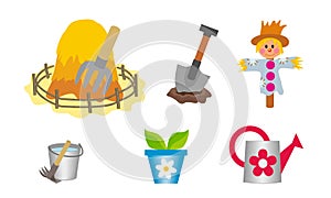 Set of kids cartoon vector icons with tools and items of agriculture and farming. Cliparts of haystack, shovel, garden scarecrow,