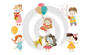 Set of kids celebrating and having fun at the birthday party. Vector illustration in flat cartoon style.