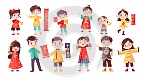 A set of kids characters set for the Chinese New Year. Each child is doing a different activity on this occasion, such