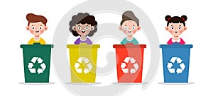 Set of kids collect rubbish for recycling, Children Segregating Trash, recycling trash, Save the World, recycling isolated