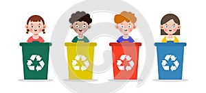 Set of kids collect rubbish for recycling, Children Segregating Trash, recycling trash, Save the World, recycling isolated