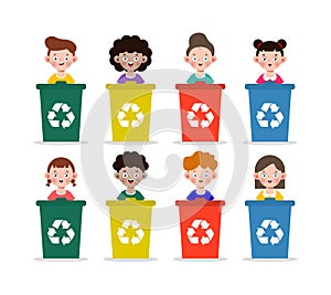 Set of kids collect rubbish for recycling, Children Segregating Trash, recycling trash, Save the World, recycling isolated