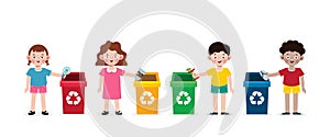 Set of kids collect rubbish for recycling, Children Segregating Trash, recycling trash, Save the World, recycling isolated on whit