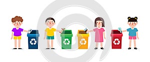 Set of kids collect rubbish for recycling, Children Segregating Trash, recycling trash, Save the World, recycling isolated on whit