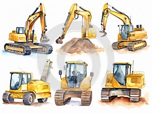 set of kids construction tools ,machines, white background , cement mixer, crane, tractor, caterpillar, bulldozer, created with ai
