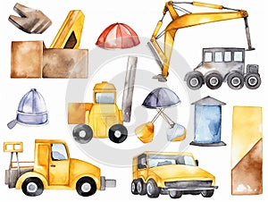 set of kids construction tools ,machines, white background , cement mixer, crane, tractor, caterpillar, bulldozer, created with ai