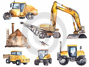 set of kids construction tools ,machines, white background , cement mixer, crane, tractor, caterpillar, bulldozer, created with ai