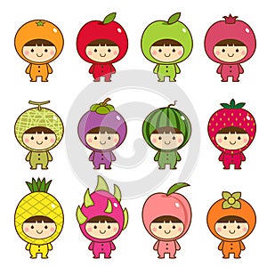 Set of kids in cute fruits costumes photo