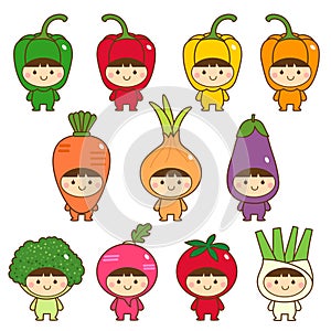 Set of kids in cute vegetables costumes photo