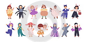 Set of kids disguised in funny and scary costumes for Halloween party. Happy children dressed in carnival clothes. Cute