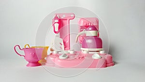 Set of kids dishes. Children`s toys. Children`s kitchen game. Kitchen utensils