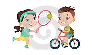 Set of kids doing sport. Happy little boy and girl playing tennis and riding bike cartoon vector illustration