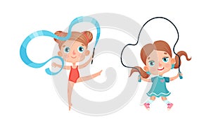 Set of kids doing sport. Little girls doing rhythmic gymnastics and jumping with skipping rope. Children activities