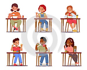 Set Kids Eat Food, Little Girls and Boys Sitting at Table with Tasty Meal Isolated on White Background. Baby Eating