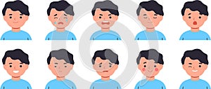 Set of kids emotions. Facial expression. Flat boy avatar. Vector illustration of flat child character