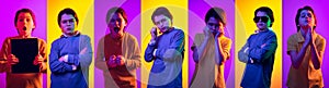 Set of kids emotions. Happy, smiling, surprised. School age boy isolated on yellow and purple studio background in neon.