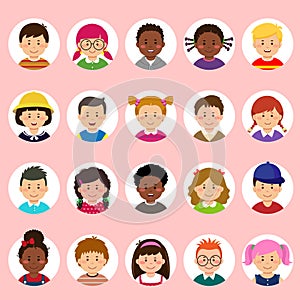 Set of kids faces, avatars, children heads different nationality in flat style