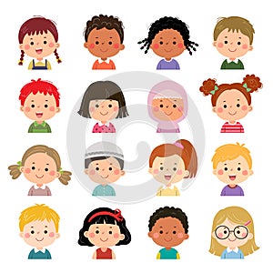 Set of kids faces, avatars, children heads different nationality in flat style