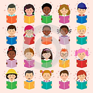 Set of kids faces, avatars, children heads different nationality in flat style reading books on pink background