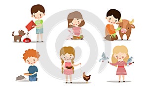 Set of kids feeding and taking care of wild and pet animals. Vector illustration in flat cartoon style.