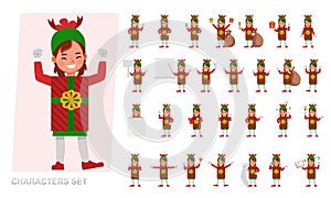 Set of kids girl wearing christmas gift box costumes character vector design. Presentation in various action with emotions