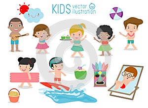 Set of Kids having fun on the beach, children play on the beach,Child dancing on the beach, vector illustration