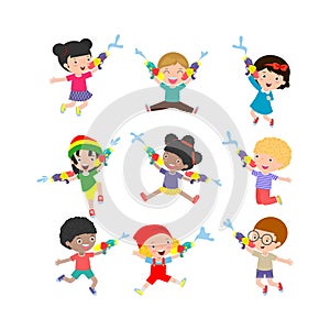 set of kids holding water gun and jumping enjoy splashing water in Songkran festival Thailand flat design