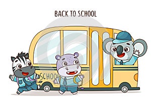 Set of kids kawaii tropical animals came from school on a school bus