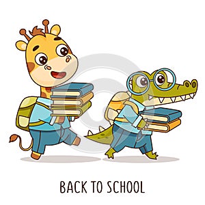 Set of kids kawaii tropical animals carry textbooks to school. Crocodile and giraffe