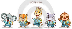 Set of kids kawaii tropical animals go to school