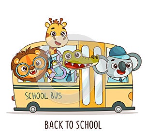 Set of kids kawaii tropical animals go to school on a school bus