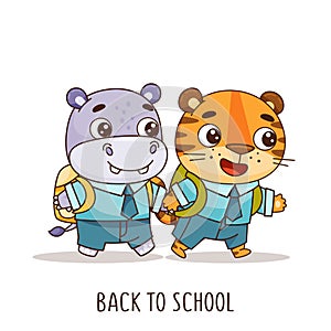 Set of kids kawaii tropical animals hold hands and go to school. Hippo and tiger