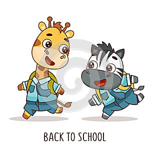 Set of kids kawaii tropical animals run away from school. giraffe and zebra